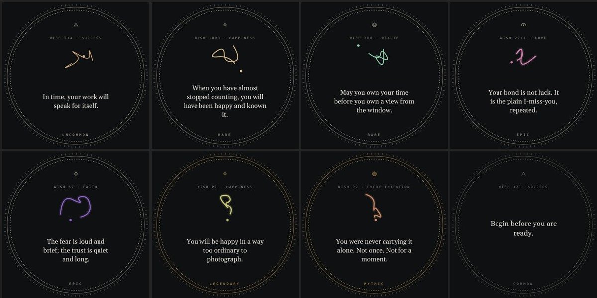 weRHtribe's tweet photo. #ad

WISH on Robinhood Chain: burn the token, keep a one-of-a-kind wish NFT.

7,580 wishes, each exists once. you choose the grade, the words are a surprise. every card is drawn onchain.

CA: 0xafb5177fd7f0d78eaab344c813f36d4832670e2f
https://t.co/vY5UB3KWpU https://t.co/u3p3yKbPjl