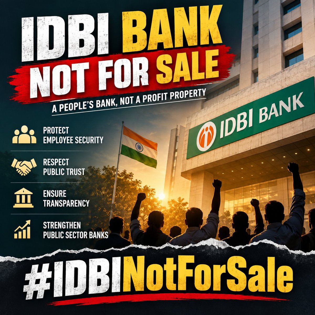 truthputhn's tweet photo. IDBI Bank belongs to its employees, customers, and the people of India—not to be sold off like a trophy asset. The proposed stake sale threatens employee security and public trust. Protect jobs, protect transparency. #IDBINotForSale #IDBINotForS #SaveIDBI https://t.co/moFIYcYdve