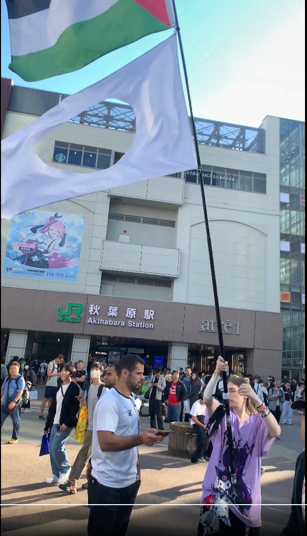 onigari_ijousya's tweet photo. 秋葉原で抗議デモをやっていたようですが、外国人がパレスチナ国旗と日の丸をくり抜かれた日本国旗とアンティファ？の旗を並べて振り回して、「日本人はバカ民族」と書かれたプラカードがあるんですが…
パレスチナへ無意味にヘイトを集めてなにがしたいんでしょうか… https://t.co/CePdCfo9JK