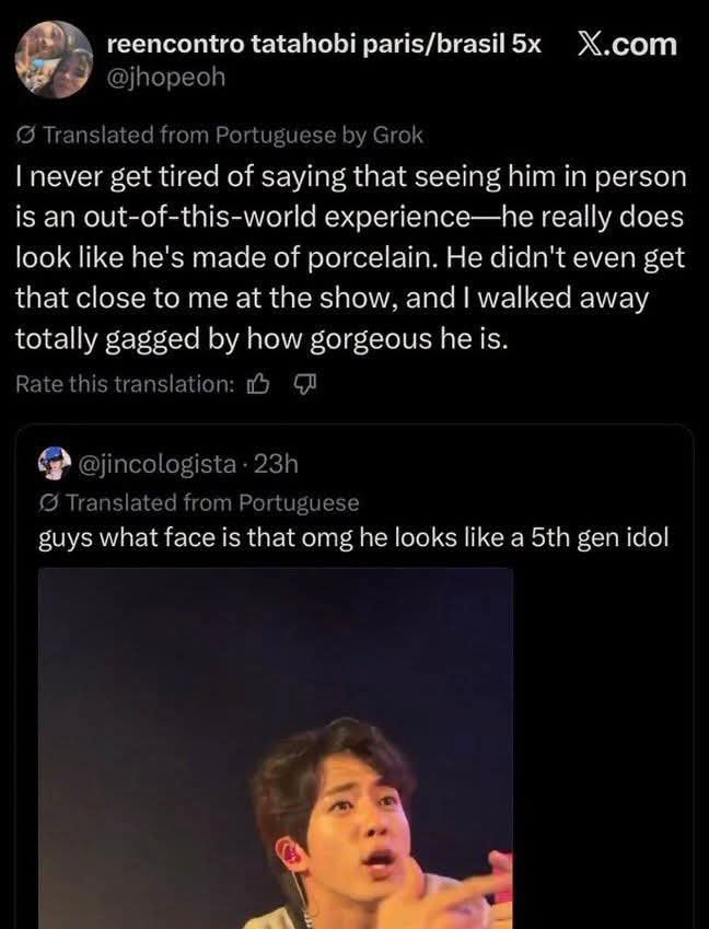 JanKim72147's tweet photo. As usual, everyone was captivated by Jin’s beauty, and everyone was talking about how beautiful he was. He was described as the most beautiful, with no one else coming close to his beauty. He looked the youngest among them and resembled the most attractive doll ever❤️😍 https://t.co/ZURjt2dpwf