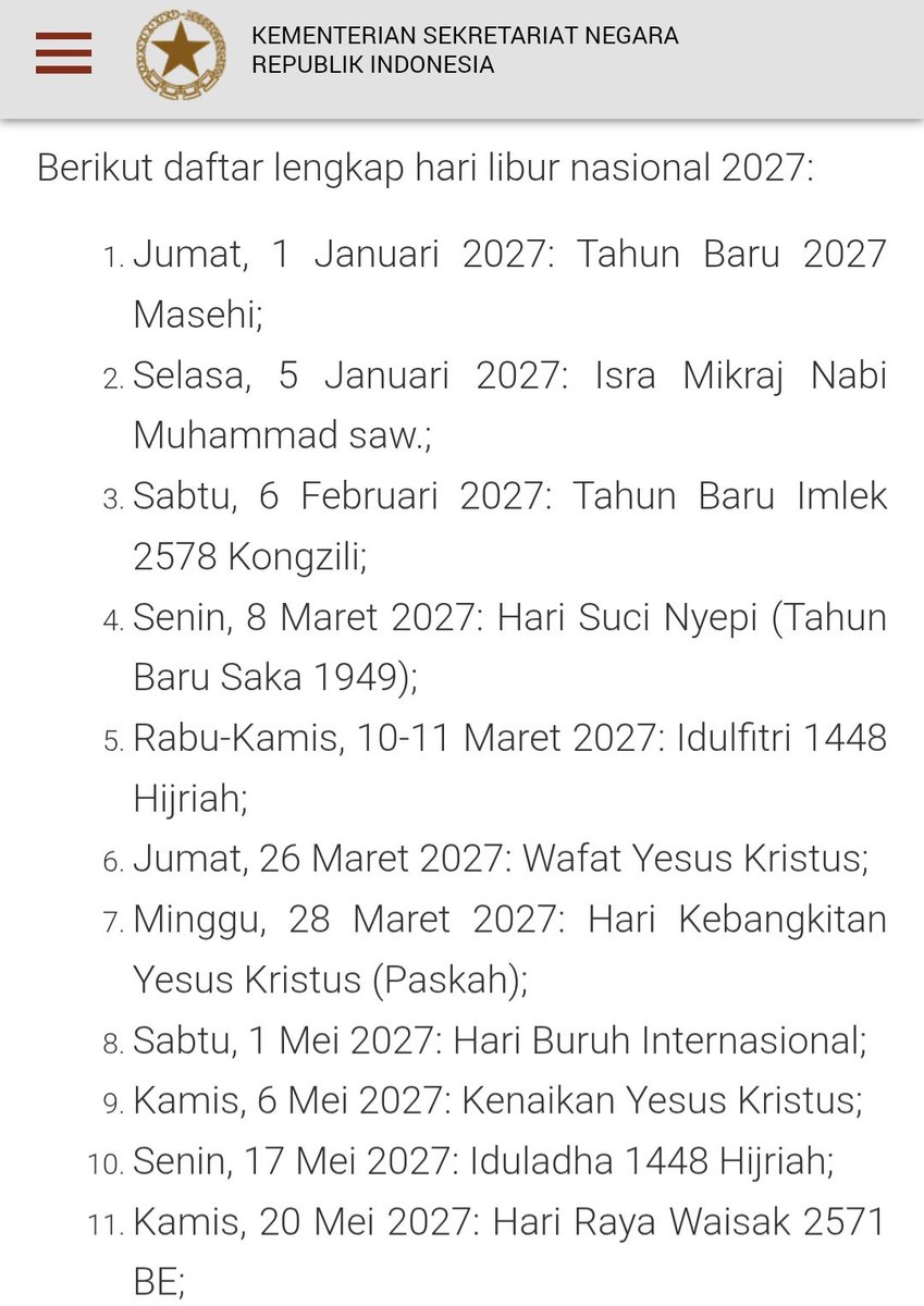 SeekHustle's tweet photo. Libur & cuti bersama 2027 udah keluar capt 🗓️

Ini daftar cuti bersamanya:
- 6–15 Mar: libur 10 hari nyambung (Nyepi + Lebaran)
- 25–28 Mar: long weekend Paskah
- 15–23 Mei: libur 9 hari, cukup cuti 1 hari (21 Mei)

Dari SKB 3 menteri tersebut, ada berita baik dan berita buruk capt. Berita baiknya libur awal tahun kita dapat banyak, bahkan idul Fitri dan idul adha tahun ini bisa dapat 1 minggu lebih!

Kabar buruknya, abis bulan mei keknya kita dipaksa kerja terus wkwkw liburnya abis, kalau ada palingan cuma 1 hari doang. Mana banyak yg hari minggu lagi tgl merahnya 😭

Kantor kalian cuti bersama motong jatah cuti tahunan ga capt?