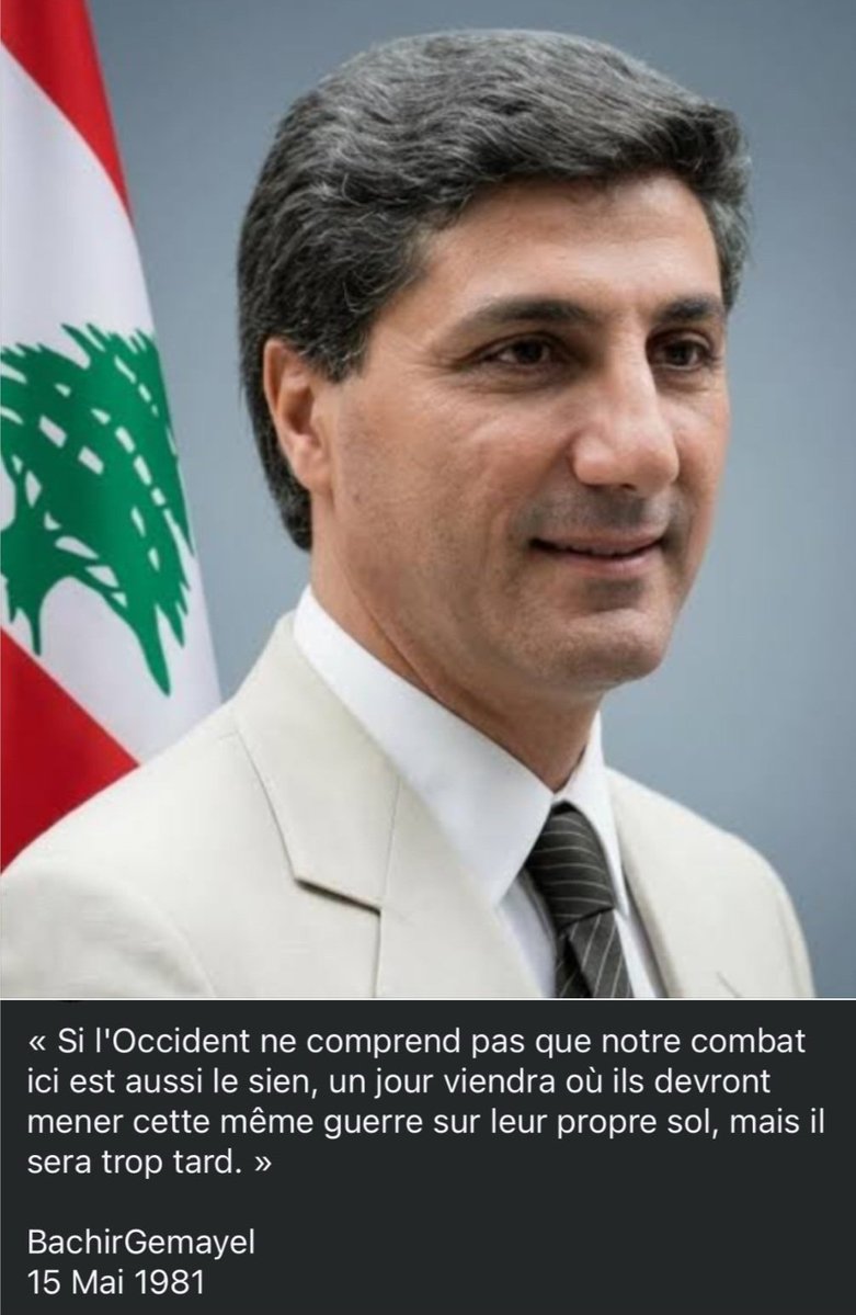 elie_assouad's tweet photo. من ٤٥ سنة واحد لبناني من الاشرفية قال للغرب : اذا ما فهمتو انو حربنا هي حربكن ، راح يجي يوم تحاربوها بارضكن ، بس بكون تأخر الوقت ..
هذا الشخص اسمو بشير الجميل ..
شوفو فرنسا اليوم ، بتعرفوا انو كان معو حق ..
#١٥_ايار_١٩٨١_نبوءة_تحققت https://t.co/Zrnqnccl9h