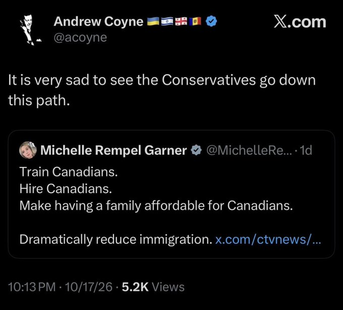 joshryanjames's tweet photo. Conservative MP: "Train Canadians. Hire Canadians. Make having a famly affordable for Canadians. Dramatically reduce immigration."
CBC News Liberal Paid Shill with every flag in his bio except Canada's: "It is very sad to see Conservatives go down this path."
RETARD:Andrew Coyne https://t.co/YNHLTVQpE9