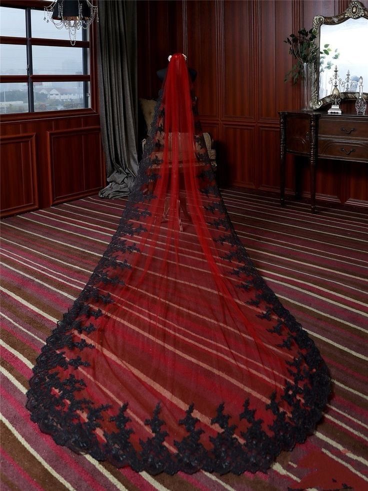 crimsonheirloom's tweet photo. dramatic crimson veils with black lace detailing, bringing a dark romantic gothic bridal aesthetic https://t.co/lGgXlzD4bE