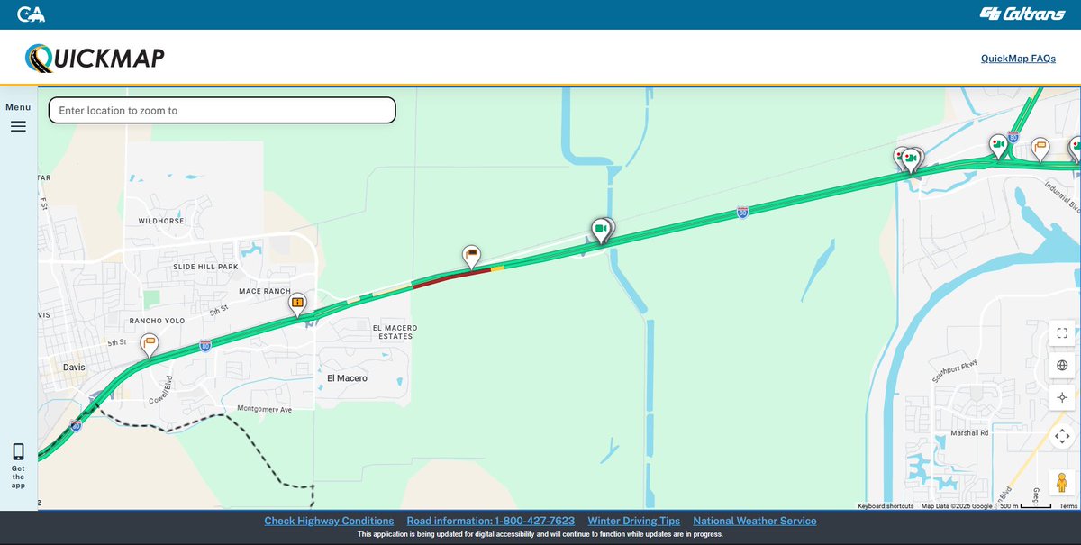 CaltransDist3's tweet photo. #TrafficAlert - Yolo County. 
All lanes are blocked along eastbound I-80 near Chiles Road due to a traffic collision. There is no estimated time of opening. Motorists are advised to use caution and expect delays. https://t.co/0LkfdvT71y