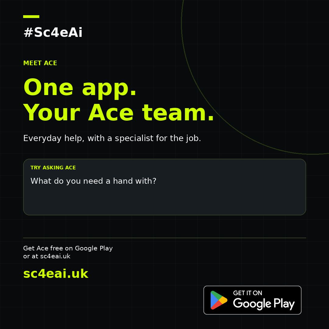Sc4eAi's tweet photo. Chat, games, banter and everyday help. That’s Ace, with a team of specialists in the same app.

Get Ace free on Google Play or at https://t.co/Ma5NjFUF4L

#Sc4eAi #AIAssistant #SimpleTech https://t.co/xYaRvuym5r