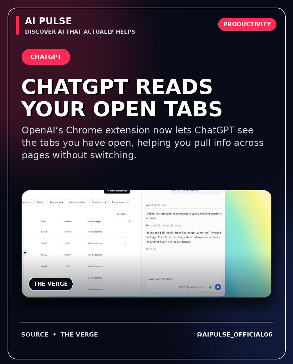sufi_aipulse's tweet photo. OpenAI just gave the ChatGPT Chrome extension a handy new ability: it can look at every tab you have open. That means you can ask the assistant to summarize articles, compare product specs, or pull quotes without hopping between pages. https://t.co/OKse7u1mRZ