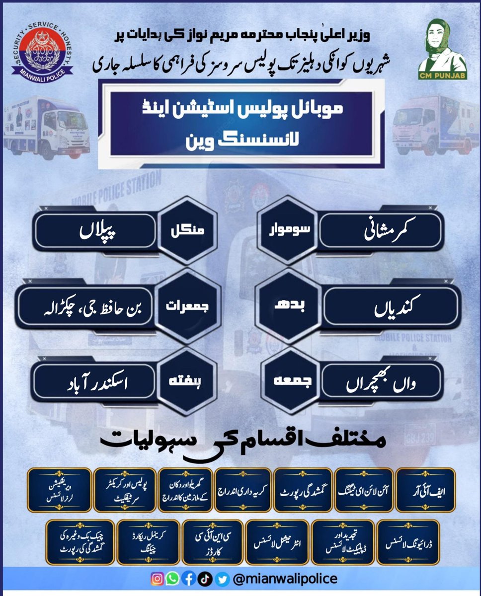 DPOMianwali's tweet photo. موبائل پولیس اسٹیشن اینڈ لائسنسنگ یونٹ کا مورخہ 19.10.2026 سے 24.10.2026 تک روٹ پلان جاری
#PunjabPoliceOfficialPakistan #CMpunjabofficial #RpoSargodha #mianwaipolice #pageviralシ゚ https://t.co/nJfurIR45V