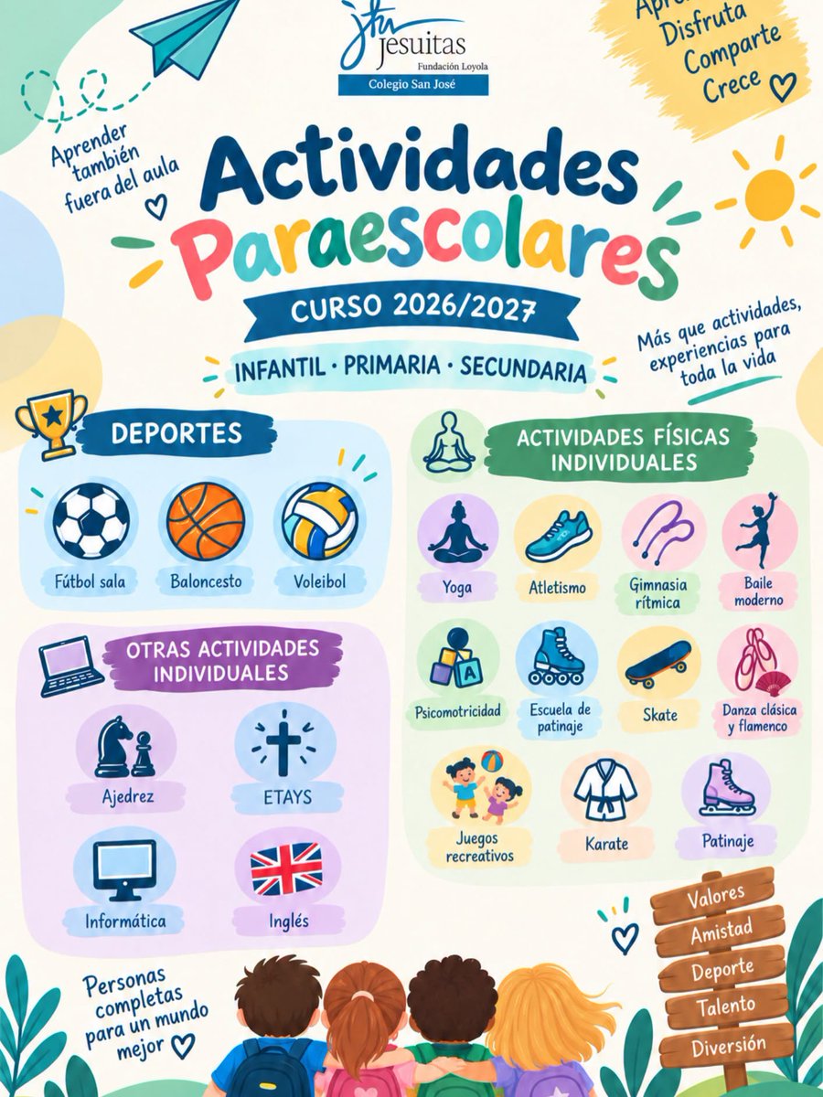 SanJoseMalaga's tweet photo. 🎊 ¡Disponible el Dossier de Paraescolares 2026/2027!

En la página web del colegio puedes consultar toda la oferta de actividades: deporte, creatividad, convivencia, aprendizaje y muchas experiencias para seguir creciendo fuera del aula.

#ColegioSanJosé #FundaciónLoyola #Málaga https://t.co/O1X4fIJFY7