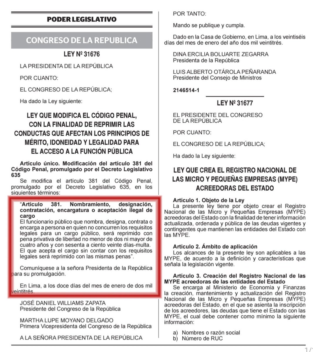 MigSalino's tweet photo. Cárcel para el funcionario que nombra, contrata, designa o encarga a una persona que no reúne los requisitos para un cargo público.
Igual pena (cárcel) también para quien acepte el cargo sin contar con los requisitos legales.
(Ley 31676, vigente desde enero del 2023). https://t.co/Qf8rPfVoib