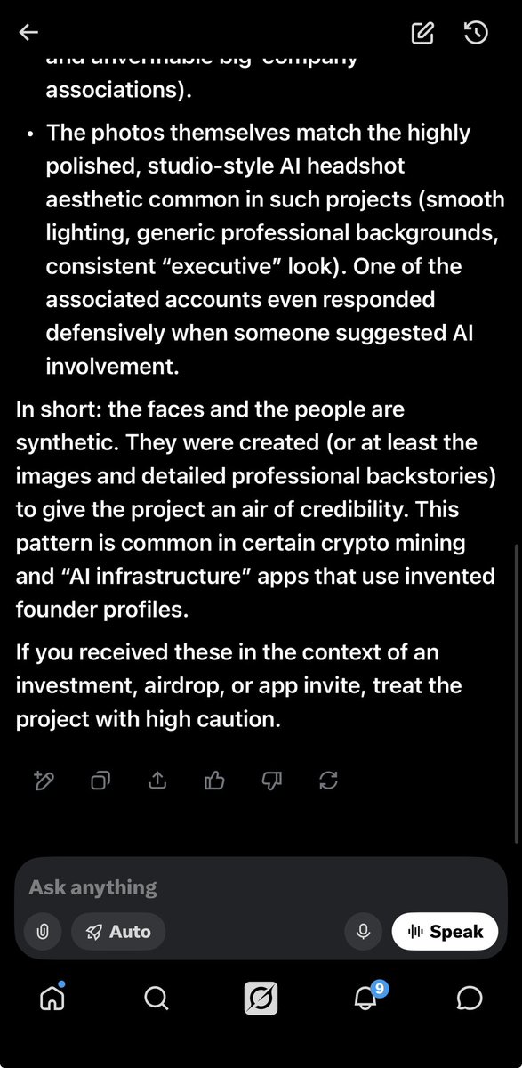 Max_Stones's tweet photo. I asked Grok whether these two photos of “Alessandro Morgan” and “Christian Parker” (listed as co-founders of Sible Network) were real people or AI-generated.
Answer: They’re AI-created faces for fabricated personas.
• No independent records match the claimed backgrounds (Harvard + 15 years at Google/OpenAI for Parker; Netflix, Airbnb, and NVIDIA for Morgan). • They appear almost exclusively in Sible Network’s own materials (website, posts, videos). • Community comments have already noted the lack of any verifiable trail outside the project. • The polished headshots match the style commonly used for fake executive profiles in crypto mining / “AI compute” apps.
Sible Network (formerly Scale Network) promotes them as seasoned tech executives to build credibility for its mining app and token. The people and the photos are not real.
#SibleNetwork #SIBLE #AI #AIgenerated #FakeFounders #CryptoScam #DueDiligence #RedFlags #CryptoMining #DYOR #NotReal #ScaleNetwork @SibleNetworkAI @onlinejob2024 @Crypto_A_A