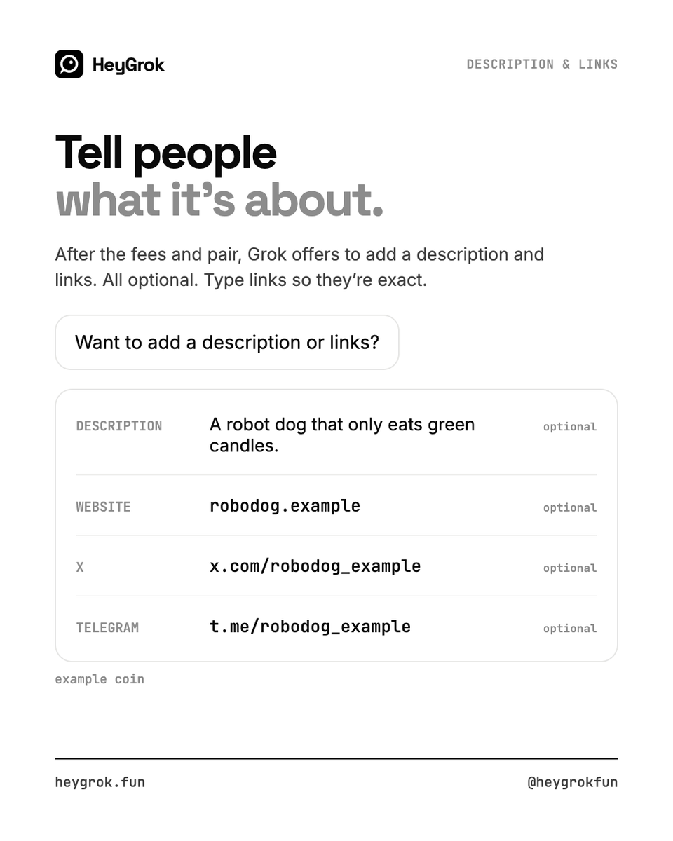 heygrokfun's tweet photo. Tell people what it's about.

Grok offers to add a description, website, X and Telegram. All optional. Type the links so they're exact. https://t.co/8XaSvFTvhP