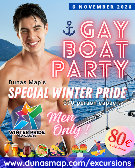DunasMap's tweet photo. 🚢🏳️‍🌈 MASPALOMAS WINTER PRIDE | GAY BOAT PARTY 2026 ☀️
Bookings are NOW OPEN! 🎉 Join the 100% men-only Gay Boat Party on Friday, November 6, 2026.

🍹 Open bar (Mojito, beer, soft drinks)
🍽️ Lunch on board
🎧 Live DJ & electronic music
🚌 Transport included
💰 €80 all-inclusive
💳 Book with just €15 deposit

👥 Limited to 200 guests | 🔞 18+

Would you be joining us on board? 🚢👇
👉 Book your tickets here :
https://t.co/NjCh2GNRFD

Check DUNAS MAP for details (link in BIO)
#GayMaspalomas #Maspalomas #GayGranCanaria #GayTravel