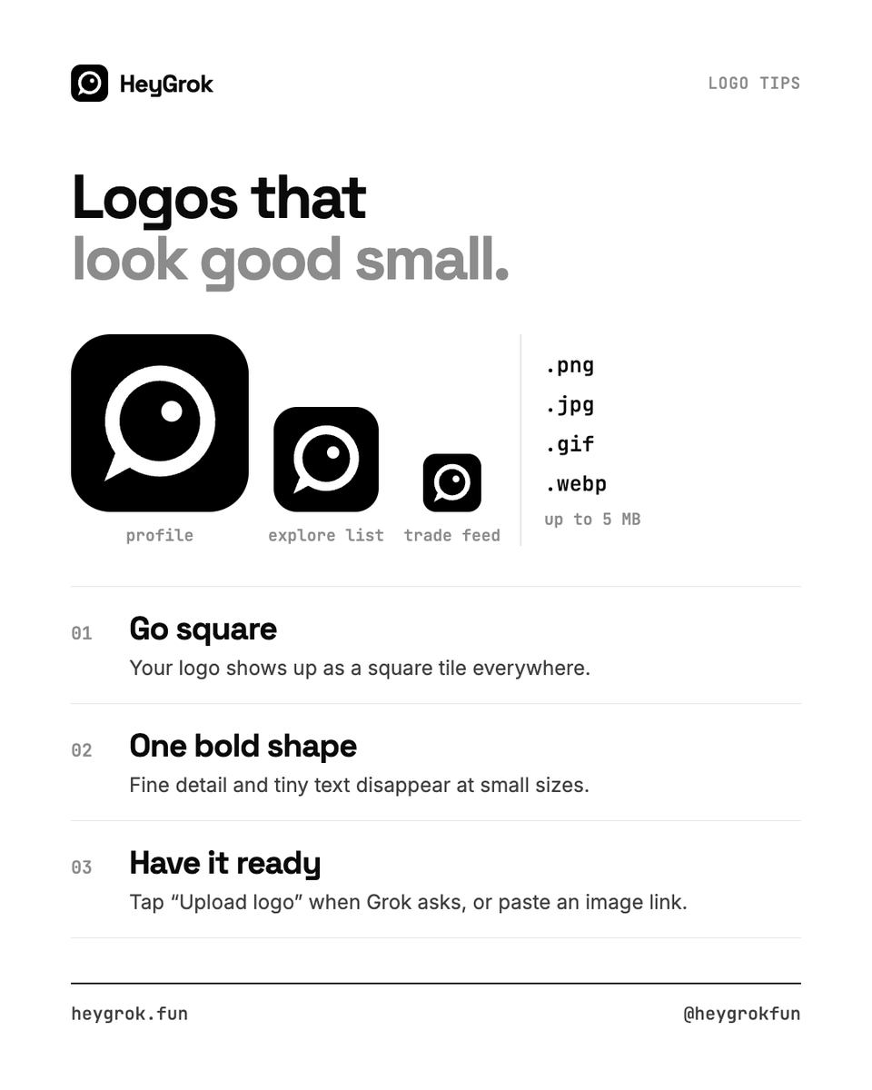 heygrokfun's tweet photo. Your logo lives as a tiny square on every chart and trade feed.

Go square, go bold, have it ready. Tap "Upload logo" when Grok asks, or paste an image link. https://t.co/HBLrl5og6U