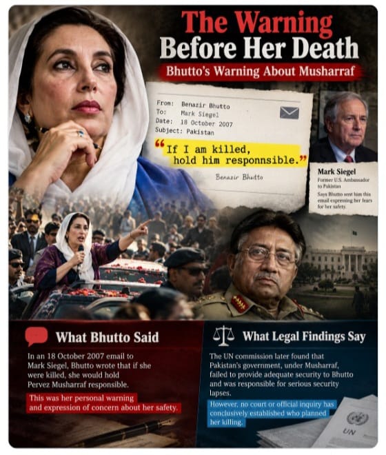Tobinpadinjra's tweet photo. Before her assassination, Benazir Bhutto warned in an email to Mark Siegel that she would hold pervez  Musharraf reponsible if killed. A UN  inquiry later found serious security failure under his government 
#BenazirBhutto https://t.co/lK1PChTpFo