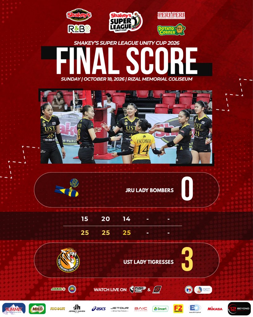 ShakeysLeague's tweet photo. GOLDEN SWEEP COMPLETE!
The UST Golden Tigresses wrapped up the Shakey’s Super League Unity Cup preliminary round with a perfect Pool B campaign, sweeping the JRU Lady Bombers in straight sets, 25-15, 25-20, 25-14!
#ShakeysSuperLeague #SSLUnityCup https://t.co/bi1M2NVhWX
