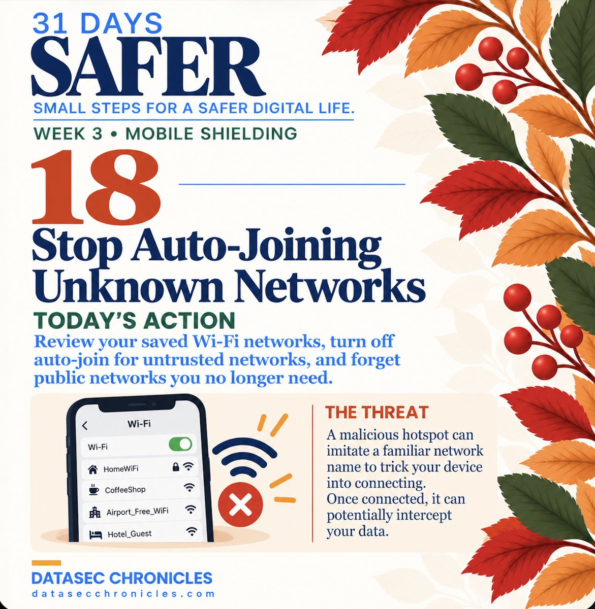 DataSecChron's tweet photo. Day 18 of #31DaysSafer π
Today: Stop Auto-Joining Unknown Networks.
Your phone may automatically reconnect to Wi-Fi networks you've used before. But not every familiar network name is trustworthy.
Take a few minutes to review your saved Wi-Fi networks.
Turn off auto-join for networks you don't trust, and forget public networks you no longer need.
A malicious hotspot can imitate a familiar network name to trick your device into connecting.
One small step. One day safer. π
#CybersecurityAwarenessMonth #DigitalHygiene #InfoSec