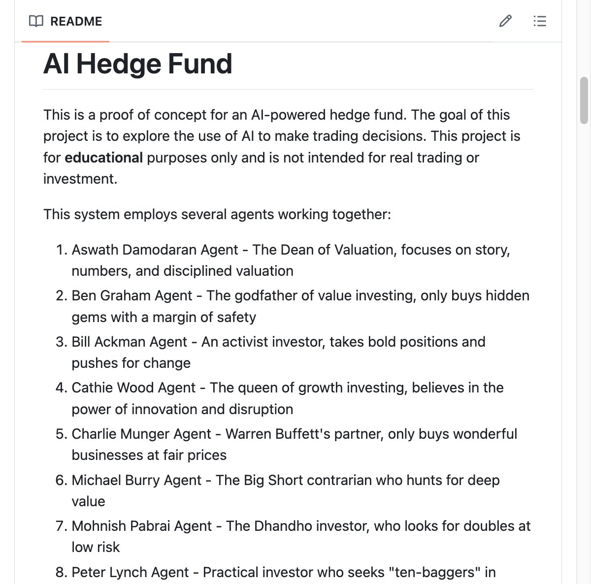 Divyyanshishrma's tweet photo. 🚨 Someone just open sourced an AI hedge fund with 18 agents that think like Wall Street legends.

Warren Buffett. Charlie Munger. Michael Burry. Cathie Wood. Bill Ackman. All running on your laptop.

It's called AI Hedge Fund. You give it stock tickers. 18 AI agents analyze the company from every angle. Then they vote on whether to buy, sell, or hold.

Not a toy. Not a dashboard. A full multi-agent investment research system.

No Bloomberg Terminal. No $25K brokerage minimums. No financial advisor fees. Just AI agents doing what hedge funds charge 2-and-20 for.

Here's who's on your team:

→ Warren Buffett Agent. Only buys wonderful businesses at fair prices
→ Charlie Munger Agent. Demands a margin of safety on every pick
→ Michael Burry Agent. The Big Short contrarian hunting deep value
→ Cathie Wood Agent. Innovation and disruption. High conviction growth
→ Bill Ackman Agent. Activist investor. Takes bold positions
→ Ben Graham Agent. The godfather of value investing. Hidden gems only
→ Aswath Damodaran Agent. The Dean of Valuation. Story meets numbers
→ Plus 11 more specialized agents covering technicals, sentiment, risk, and fundamentals

Here's how it works:

→ You enter stock tickers (AAPL, NVDA, TSLA, whatever you want)
→ Agents pull real financial data. Earnings, balance sheets, insider trades, news
→ Each agent analyzes the data through their own investment philosophy
→ A Risk Manager agent checks position sizing and portfolio exposure
→ A Portfolio Manager agent takes all signals and makes the final call
→ You get a buy/sell/hold decision with full reasoning from every agent

Here's the wildest part:

You can turn on --show-reasoning and watch each agent explain their logic step by step. Warren Buffett agent breaks down the moat. Michael Burry agent flags the hidden risks. Cathie Wood agent finds the disruption angle. They literally argue with each other.

It has a full backtester. Run your strategy against historical data and see how it would have performed.

Full web UI included. Not just a terminal tool. A real dashboard.

Works with OpenAI, Claude, Groq, DeepSeek, or fully local with Ollama. Your data never has to leave your machine.

Data for AAPL, GOOGL, MSFT, NVDA, and TSLA is completely free. No API key needed.

46.7K GitHub stars. 8.1K forks. Actively maintained.

100% Open Source. MIT License.