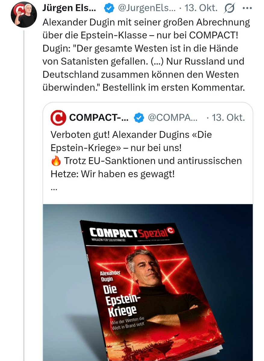 WagenWatch's tweet photo. Vielleicht helfen dem COMPACT-Chef Jürgen Elsässer ja seine neuen Freunde von BSW und AfD bei seinem Kampf gegen Satanismus und für die russisch-deutsche Weltherrschaft. https://t.co/JVld6GtTIo