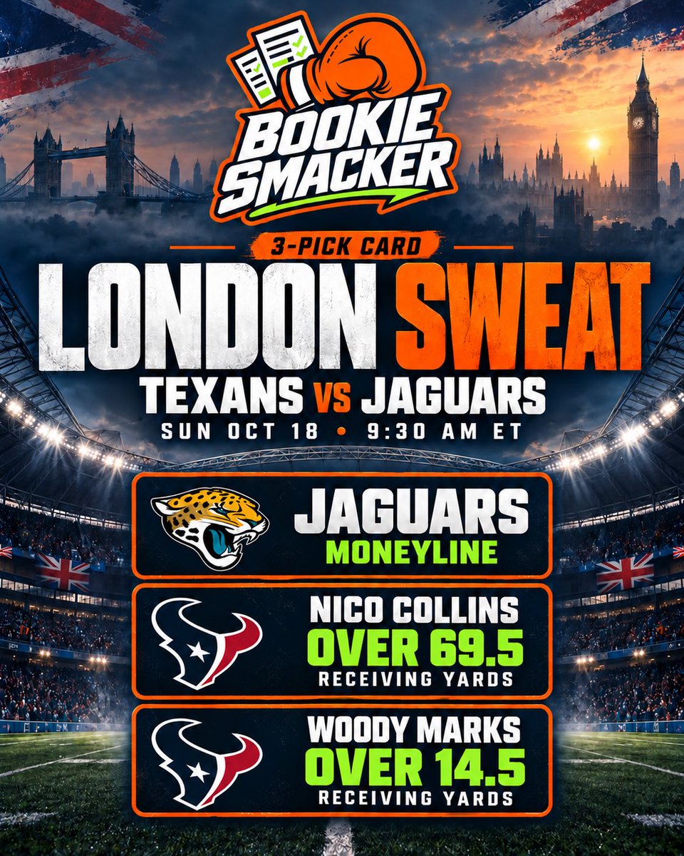 BOOKIESMACKER97's tweet photo. 🇬🇧 LONDON SWEAT 🥊

🏈 Jaguars ML
🏈 Nico Collins OVER 69.5 receiving yards
🏈 Woody Marks OVER 14.5 receiving yards

9:30 AM ET coffee and football. Who��s watching? ☕🎟️

#BookieSmacker #NFL #NFLLondon #PlayerProps https://t.co/Jzj2LhSb8G