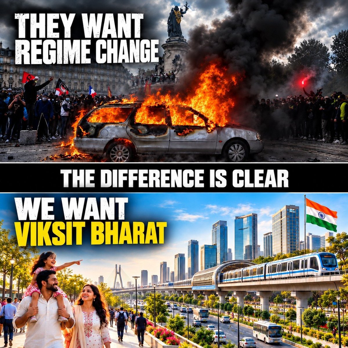 BJP4Gujarat's tweet photo. TWO VISIONS-TWO DIFFERENT FUTURES

WE WANT
PEACE ➜ STABILITY ➜ VIKSIT BHARAT 2047

THEY WANT
CHAOS ➜ INSTABILITY ➜ REGIME CHANGE https://t.co/12zwqIBo2M