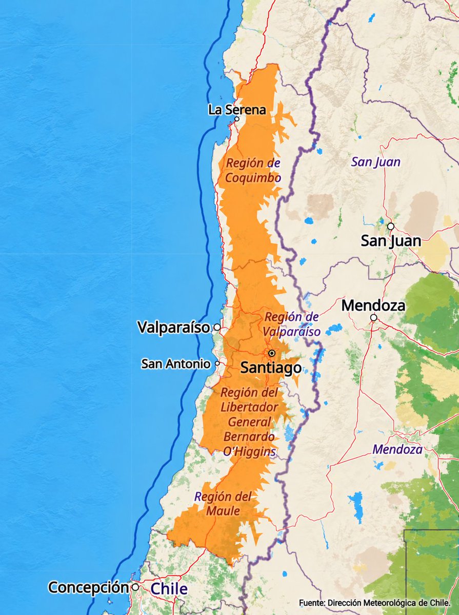 RedGeoChile's tweet photo. 🟠 ALERTA METEOROLÓGICA 🌧️ PRECIPITACIONES MODERADAS A FUERTES EN CORTO PERÍODO DE TIEMPO ENTRE LAS REGIONES DE COQUIMBO Y EL MAULE

La Dirección Meteorológica de Chile (#DMC) emitió una Alerta Meteorológica 🟠 por precipitaciones moderadas a fuertes en corto período de tiempo, asociadas al ingreso de un sistema frontal, que afectará a sectores de las regiones de Coquimbo, Valparaíso, Metropolitana, O'Higgins y Maule, desde la tarde hasta la noche del martes 20 de octubre.

📊 Montos estimados de precipitación (mm):

🔹 Región de Coquimbo:
• Cordillera de la Costa: 15-25 mm.
• Precordillera y valles precordilleranos: 20-30 mm.

🔹 Región de Valparaíso:
• Cordillera de la Costa: 20-30 mm.
• Precordillera y valles precordilleranos: 25-35 mm.

🔹 Región Metropolitana:
• Cordillera de la Costa: 25-35 mm.
• Valle: 20-30 mm.
• Precordillera: 25-35 mm.

🔹 Región de O'Higgins:
• Cordillera de la Costa: 20-30 mm.
• Valle: 20-30 mm.
• Precordillera: 25-35 mm.

🔹 Región del Maule:
• Valle: 25-35 mm.
• Precordillera: 25-35 mm.

⚠️ Debido a la intensidad y al tipo de precipitaciones (lluvia convectiva) en un período acotado, podrían registrarse inundaciones repentinas (flash flood), aumento de caudales de cursos de agua, activación de quebradas. Se recomienda no acceder a estas zonas mientras se mantenga el pronóstico meteorológico.

🌐 Como ONG, reforzaremos el monitoreo de este evento, informando en tiempo real y recibiendo reportes de la comunidad para mantener información actualizada y verificada.