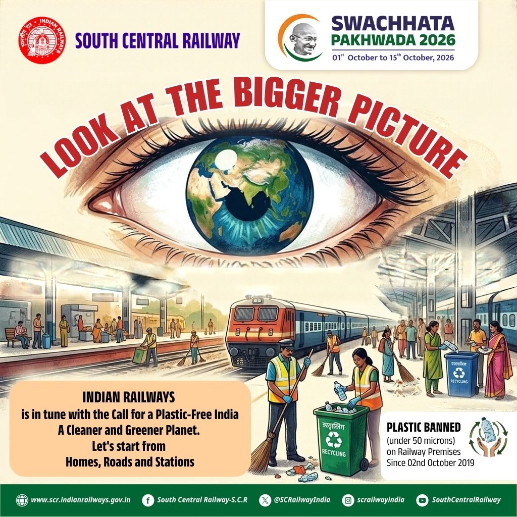 drmned's tweet photo. 👁️ Look at the bigger picture! Let’s work together to make our homes, roads and railway stations cleaner and greener by saying NO to single-use plastic. 🌿♻️

#SwachhataPakhwada2026 #PlasticFreeIndia #CleanIndiaGreenIndia #SouthCentralRailway

@PMOIndia
@DARPG_GoI
@RailMinIndia https://t.co/Enmedph8N2