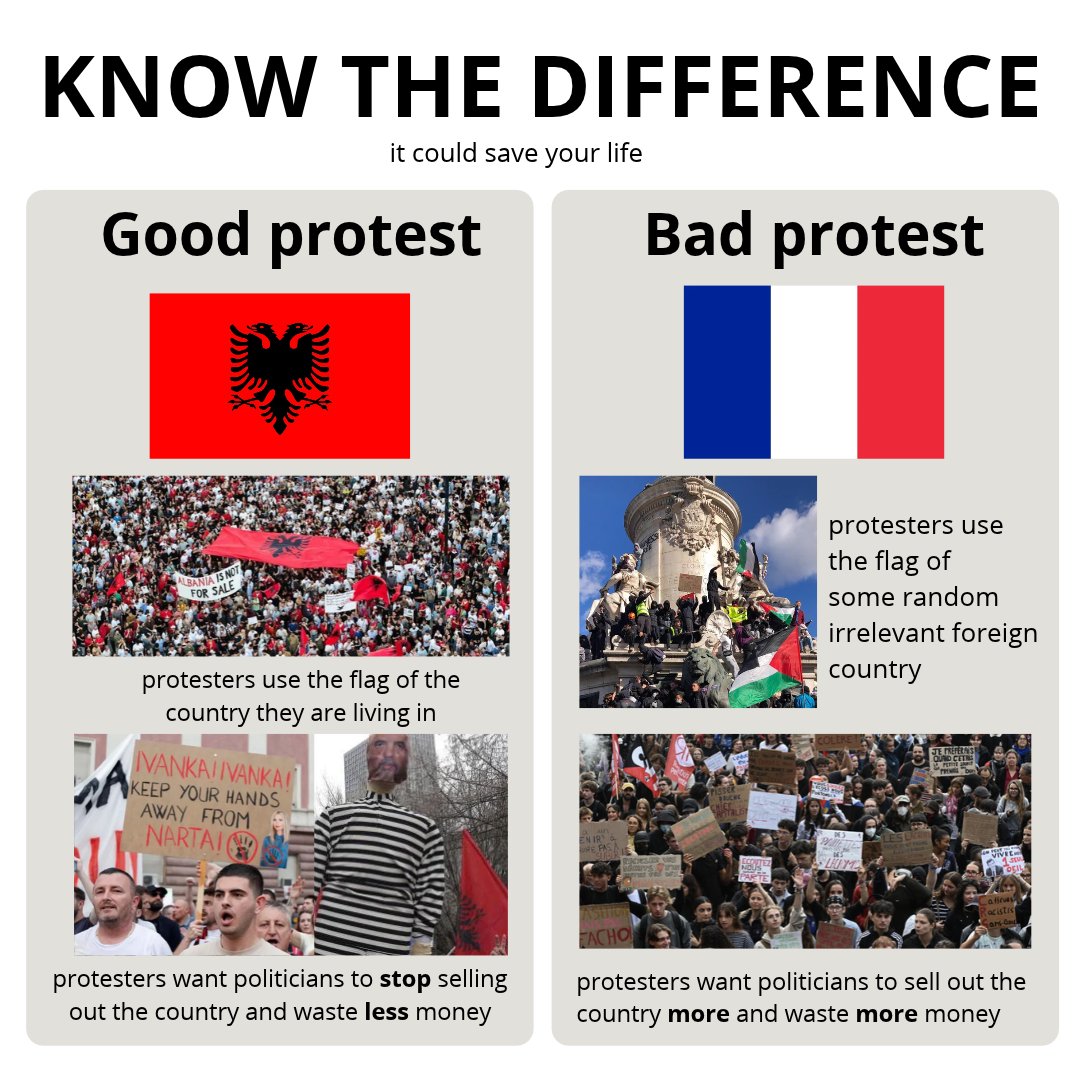 posta_octavian's tweet photo. Since Radio Genoa can't tell the difference between the protests in Albania and France, I created a small guide https://t.co/col4YSOeUw