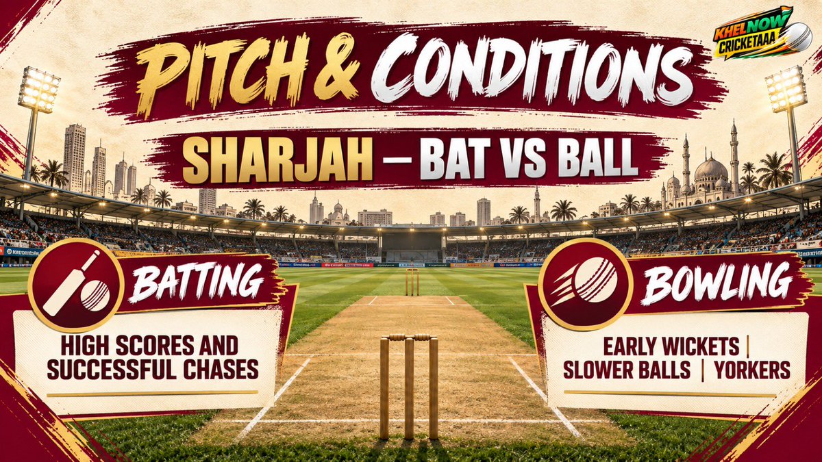 cricketaaatv's tweet photo. SHARJAH SET FOR THE ULTIMATE BAT VS BALL BATTLE!

Big scores and successful chases favour batters, but early wickets, slower balls and yorkers could turn the WCL 2026 Grand Final.

Will batting power or bowling precision decide the title?

#WCL2026 #GrandFinal #ENGvsWI #cricketaaatv