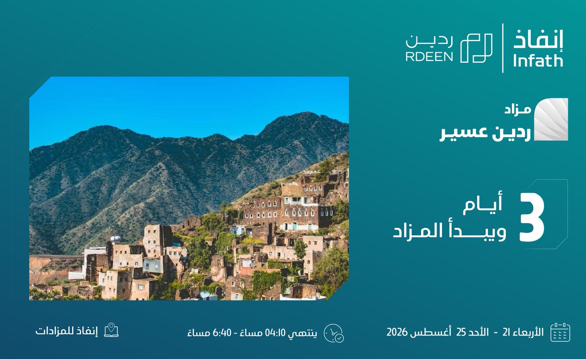 Rdeen_Sa's tweet photo. 3 أيـام ويبدأ 
مزاد ( #ردين_عسير )  تحت إشراف مركز الإسناد والتصفية "إنفاذ" 
وبقرار من محكمة التنفيذ ومحكمة الأحوال الشخصية ،     
وذلك عبر #إنفاذ للمزادات    
عدد 16 عقارات وتعد فرصه مستقبلية في منطقة #عسير

يبدأ الاربعاء الموافق 21 اكتوبر 2026    
وينتهي يوم الاحد الموافق 25 اكتور 2026
@infath_sa
@infathAuctions
#إنفاذ #ردين