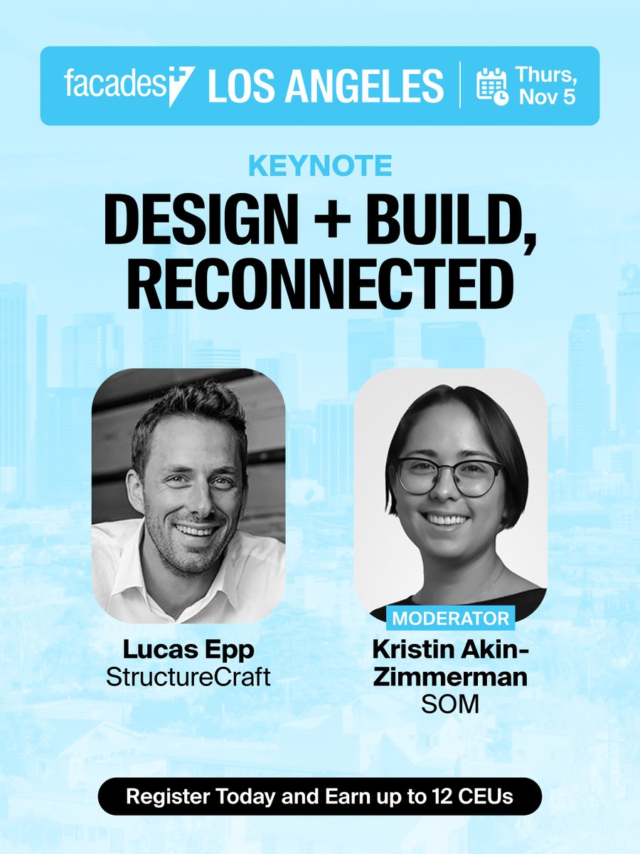 archpaper's tweet photo. Facades+ Los Angeles brings founder Lucas Epp of StructureCraft for a keynote talk that seeks to reunite designers and builders in pursuit of efficiency and beauty. You won't want to miss it! Register now at: https://t.co/fNuj5aRA0s https://t.co/kERFiHn7wH