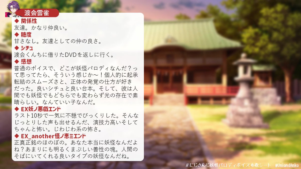 UniandAnko's tweet photo. にじさんじ　妖怪パロディボイス　布教シート

ライバーが妖怪だったら…っていうシチュがたくさん見れるわくわくするボイスでした。
個人的に力一さんのボイスがそうきたか～！って形式で聞いてて楽しい作品でした☺
あと叶くんのEXがやばい。本当にすごい。
＃にじさんじ妖怪パロディボイス https://t.co/Ka2RNfEgzG