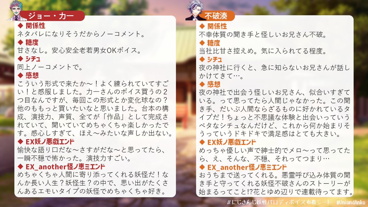 UniandAnko's tweet photo. にじさんじ　妖怪パロディボイス　布教シート

ライバーが妖怪だったら…っていうシチュがたくさん見れるわくわくするボイスでした。
個人的に力一さんのボイスがそうきたか～！って形式で聞いてて楽しい作品でした☺
あと叶くんのEXがやばい。本当にすごい。
＃にじさんじ妖怪パロディボイス https://t.co/Ka2RNfEgzG