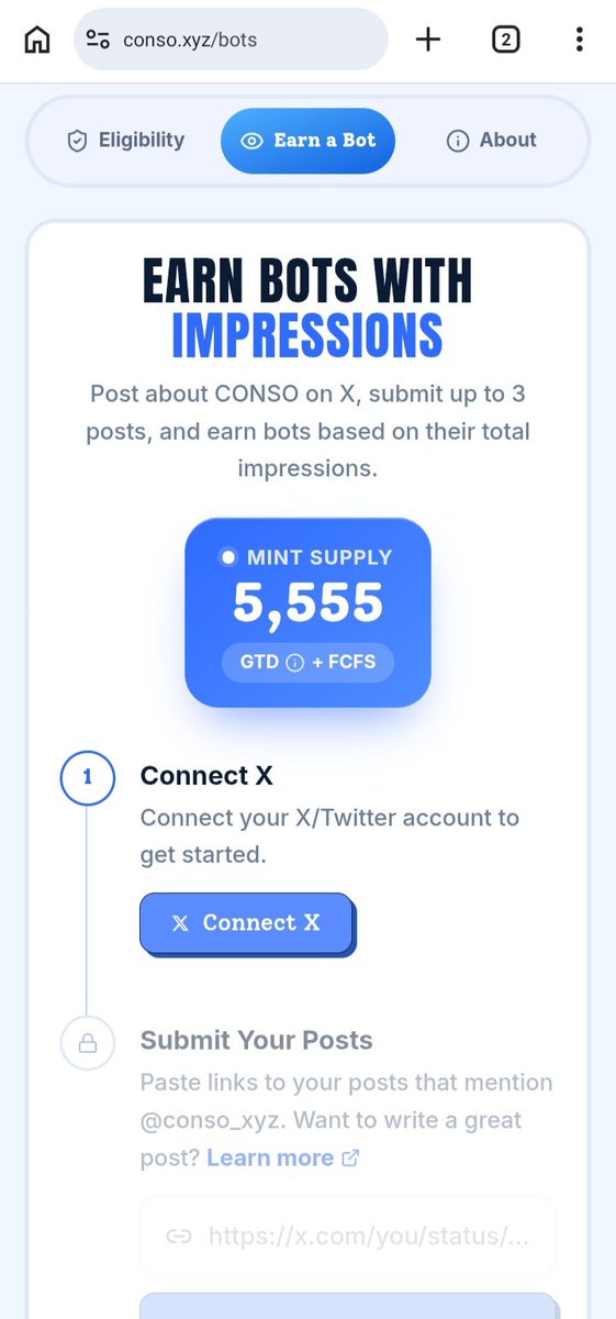 sirfitoo's tweet photo. CONSO Earn Bots for non-eligible users
Post about CONSO on X and get Bots based on your total impressions

How?
-https://t.co/VQ0q1ZI7oo > Earn a bot
• Max 3 posts
• Follow and mention @conso_xyz 
• Post from your connected X account
• Active from October 16th to October 23rd https://t.co/r1ffywQOH2