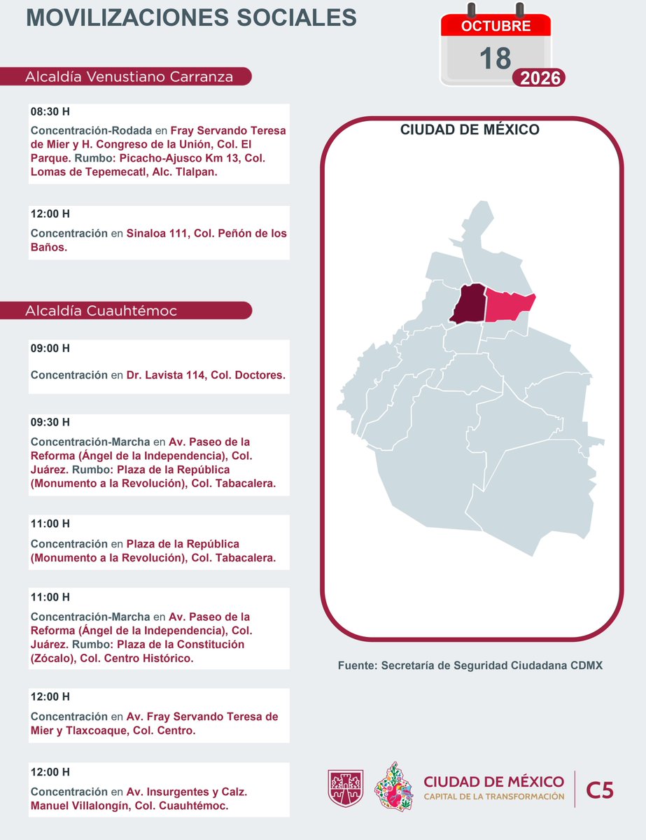 C5_CDMX's tweet photo. ⚠️🗓️ #ENTÉRATE | Para hoy, 18 de octubre 2026, estas son las movilizaciones sociales previstas en la Ciudad de México. 

#MovilidadCDMX #C5OjosDeLaCDMX  #C5CorazónDeLaCDMX #OjosDeLaCiudad https://t.co/wyYWYmWQWl