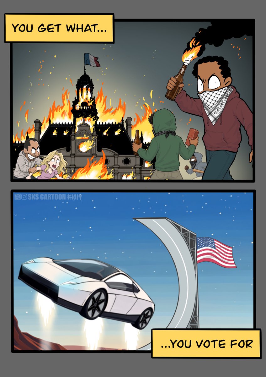 skscartoon's tweet photo. Be really careful how you vote. 
Because do you want to live in a country that's being invaded and burned by mass immigration, or one with flying cars? https://t.co/IugqLuQVS9
