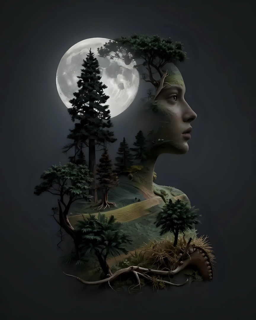 Esmonbijouart's tweet photo. Disconnected from nature? This digital art merges a womanโs silhouette with an ancient moonlit forest, symbolizing harmony. Instant download. #DigitalArt #MoonlitForest https://t.co/hMuH9xgVHR