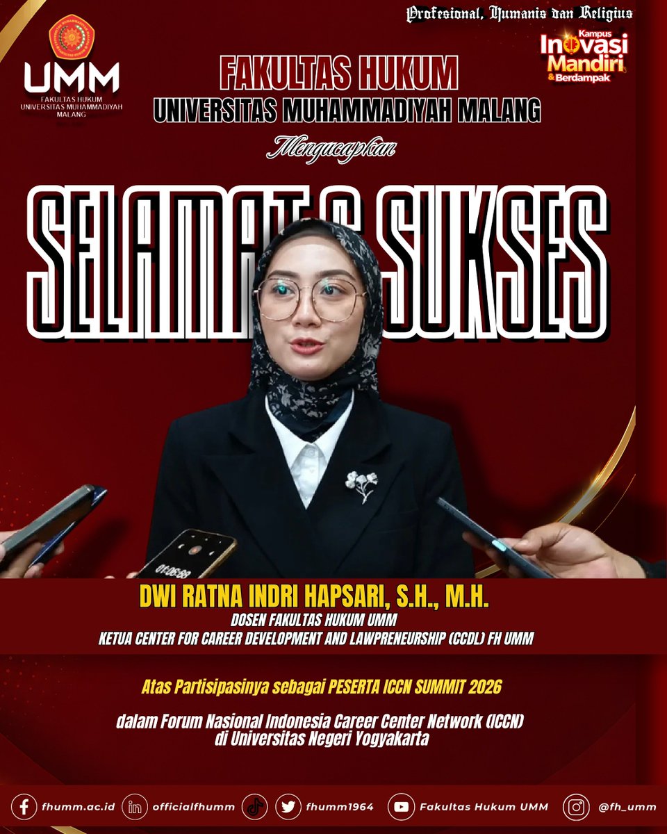fhumm1964's tweet photo. SELAMAT DAN SUKSES!

Fakultas Hukum Universitas Muhammadiyah Malang mengucapkan selamat dan sukses kepada Dwi Ratna Indri Hapsari, S.H., M.H., Dosen Fakultas Hukum UMM sekaligus Ketua Center for Career Development and Lawpreneurship (CCDL) FH UMM. https://t.co/tXykjdSSTo