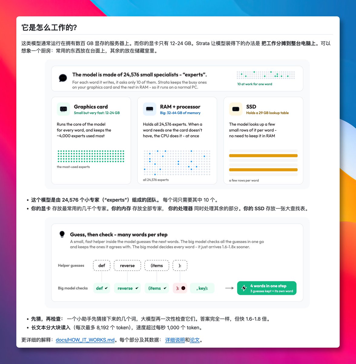 GitHub_Daily's tweet photo. 一张 12GB 显存的游戏显卡，跑 1250 亿参数的千问大模型，这事第一眼看着有点离谱。

Strata 的思路我觉得挺聪明。模型由 24576 个小专家组成，每个字只用到其中 10 个，最常用的几千个放显卡，全部放内存，CPU 同时帮着算。

作者拿 RTX 5070 配 64GB 内存的普通游戏电脑测过，每秒能写出 53 到 94 个 token，比我们看字还快，项目也已经涨到 2.6 万 Star 了。

GitHub：https://t.co/WE4qdbgXDm

Windows 双击一个文件就开始装，Linux 跑个脚本，装好在浏览器里就能聊，Claude Code、Codex 也能直接接上用，数据全程不出电脑。