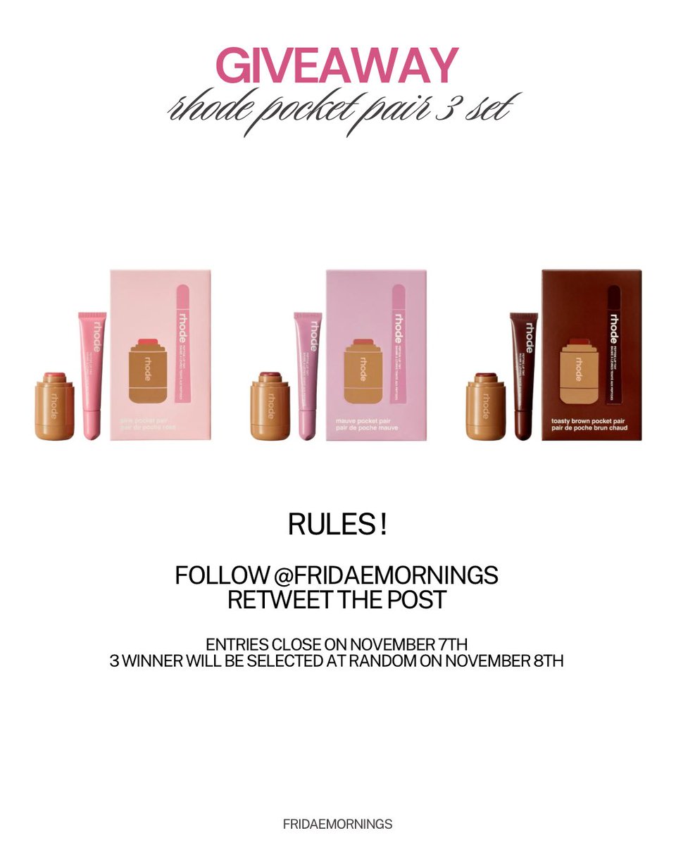 fridaemornings's tweet photo. giveaway🎀🤍

แจก rhode pocket pair 3 รางวัล
ให้กับลูกค้าของร้านเราค่ะ

รีทวิตนี้ + ต้นโพสต์ และเป็นฟลว.ของร้านเรา
เมนชั่นเลือกเซ็ตได้เลยนะคะ 🫶🏻

ประกาศผล 8 November (20.00) https://t.co/QJtGUqA7AA
