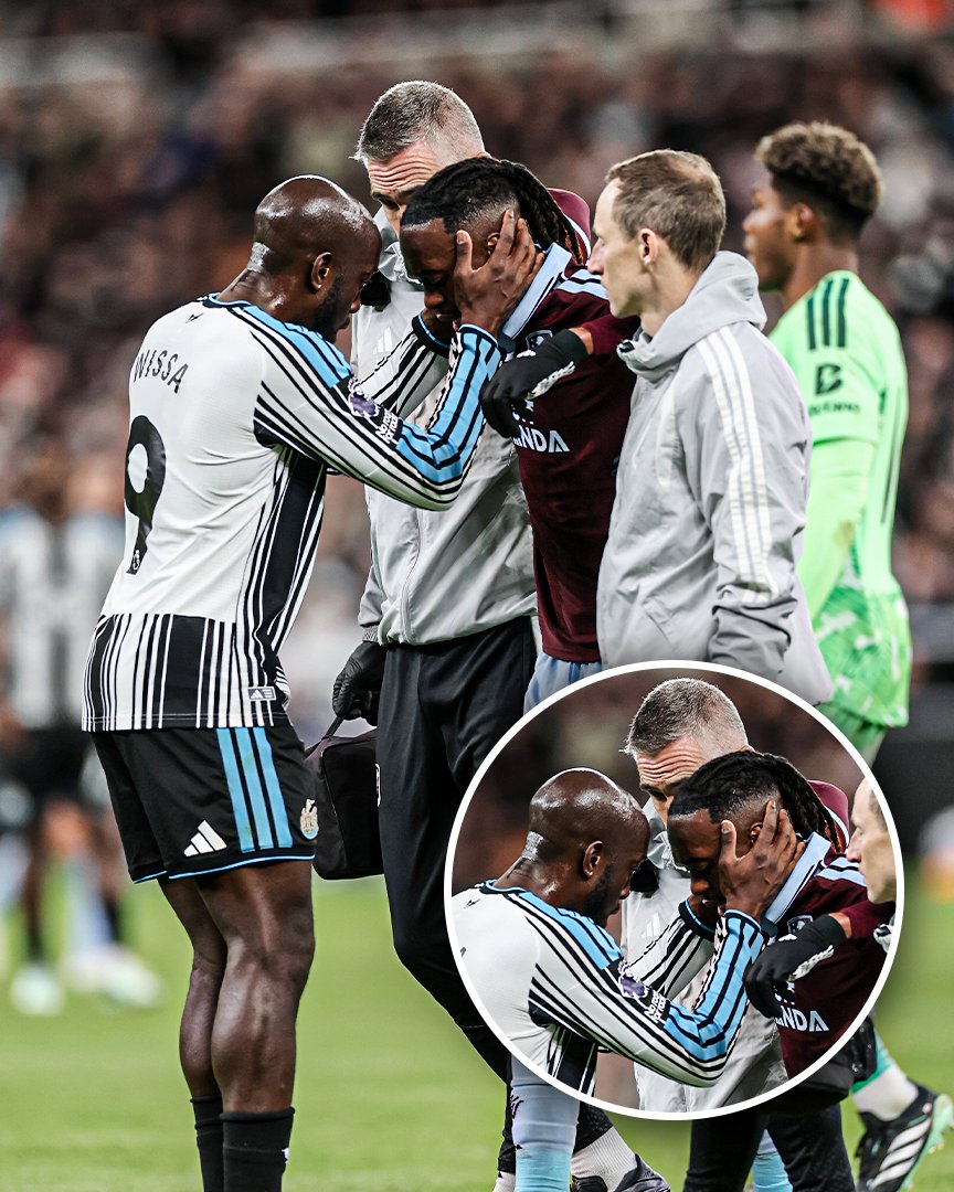 ESPNUK's tweet photo. Yoane Wissa went straight over to console his DR Congo teammate Aaron Wan-Bissaka after he came off injured during Newcastle vs. Villa ❤️🇨🇩 https://t.co/ZQsG9XDfn1