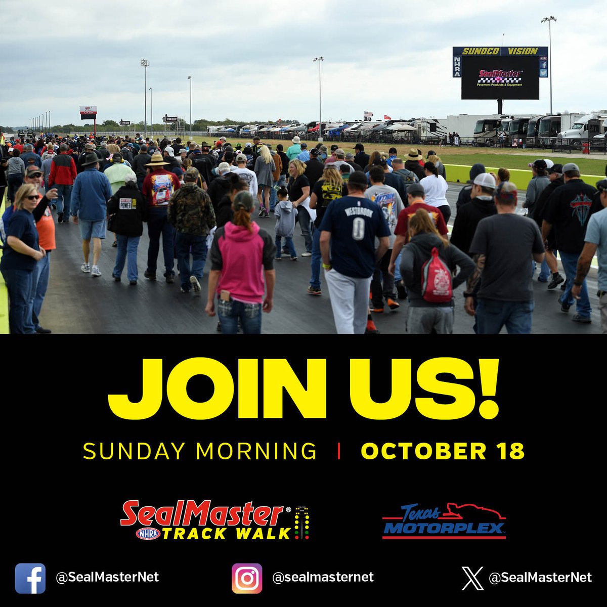 SealMasterNet's tweet photo. Join us for the #NHRA SealMaster Track Walk at @txmplex and experience the dragstrip up close before the racing action begins! #TexasFallNats https://t.co/tAKc5PgaHB