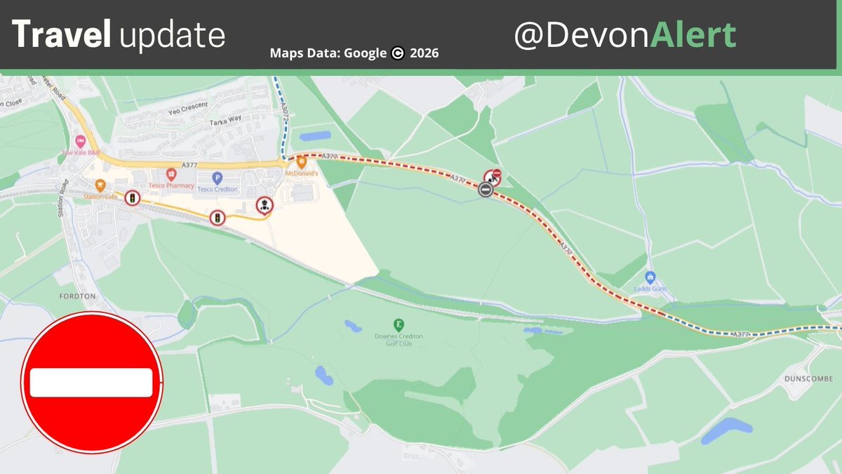 DevonAlert's tweet photo. 18/10/2026 - 1.00pm
The A377 between Hookway Cross and the Tesco/McDonalds roundabout will be closed weekday nights from Monday 19th October until the 13th November for resurfacing works. The closure is in place each night from 7.00pm - 6.00am. The road is open at weekends. https://t.co/GIOpQ61pi2