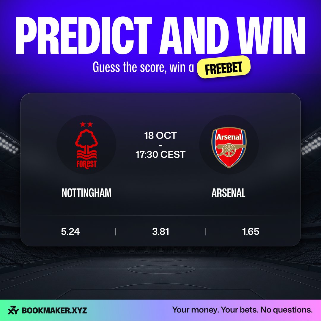 bookmakerxyz's tweet photo. Can Nottingham Forest stop Arsenal today? ⚽

Predict the winner and final score for a chance to win a $25 freebet!

How to enter:
✅ Follow @bookmakerxyz
✅ Like & Retweet
✅ Comment your score prediction

‼️ One guess only. Multiple = disqualified
⚠️ Entries close at kick-off!
🎉 One lucky correct guesser wins a $20 freebet!