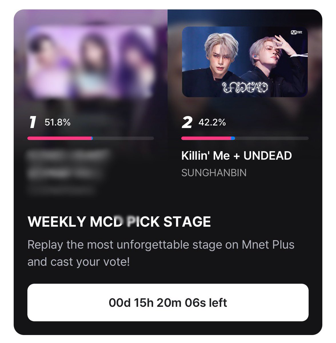 ZEROBASE1_VT's tweet photo. [ 📢 WEEKLY MCD PICK STAGE VOTING UPDATE ]

ZEROSE, the gap is 9.6%, but the opponent’s percentage keeps rising while ours keeps dropping so fast! WE NEED TO ACT NOW! 🚨🚨🚨🚨🚨

⏳ ONLY 15 HOURS LEFT! ZEROSE, WE CAN’T SLOW DOWN NOW‼️‼️Let’s close the gap as much as possible before voting ends! Every vote counts, so please vote whenever you can. LET’S GIVE HANBIN EVERYTHING WE’VE GOT! 

📌 Vote up to 5 times daily on Mnet Plus
📌 Watch the video and LIKE it too!

#ZEROBASEONE #ZB1 #SUNGHANBIN #제로베이스원 #성한빈