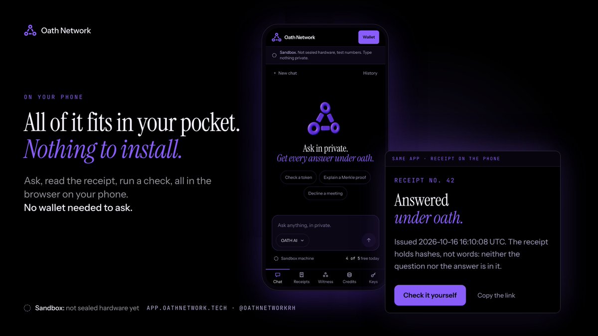 oathnetworkRH's tweet photo. Oath Network works the same on your phone. Nothing to install.

Open https://t.co/7e4p1g4w4K in the mobile browser and the tab bar holds Chat, Receipts, Witness, Credits and Keys. Ask OATH AI, open the receipt and press "Check it yourself", or paste a token or wallet address and run a check.

No wallet needed to ask: 5 free answers a day, 7 if you sign in holding 25,000 $OATH.

It is a sandbox on a phone too: credits are test numbers, the witnesses are house witnesses, and the machine is not sealed hardware yet, so keep anything private out of the chat.
