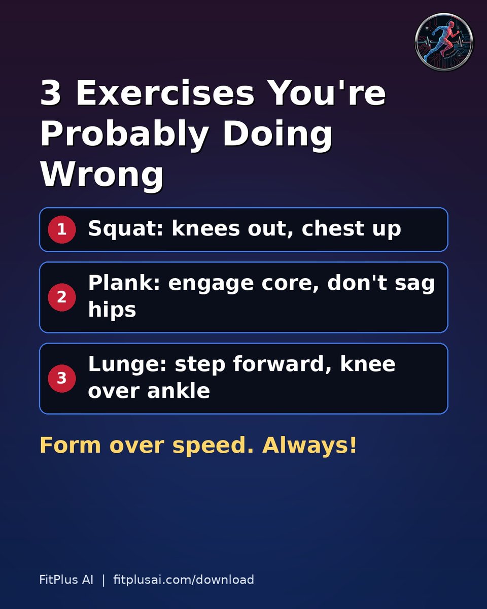 FitPlusAI's tweet photo. Form beats speed every time. Master the squat, plank, and lunge with proper mechanics. Start your 30-day free trial on FitPlus AI to refine every rep. Now available on App Store and Google Store.

#FitnessForm #ExerciseTips #WorkoutSmarter #FitnessEducation https://t.co/xpc9JEV4aL