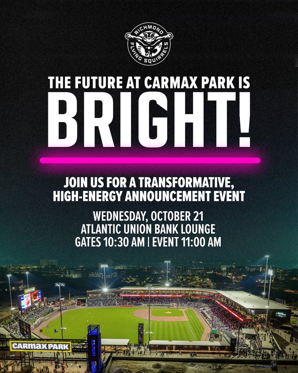GoSquirrels's tweet photo. See CarMax Park like you never have before!
 
Join us Wednesday morning inside the Atlantic Union Bank Lounge at CarMax Park for a transformative, high-energy announcement you have to be here to experience! Gates open at 10:30 AM and the event will start at 11 AM.

See you there! RSVP here ➡️ https://t.co/NVAuGoNgLJ