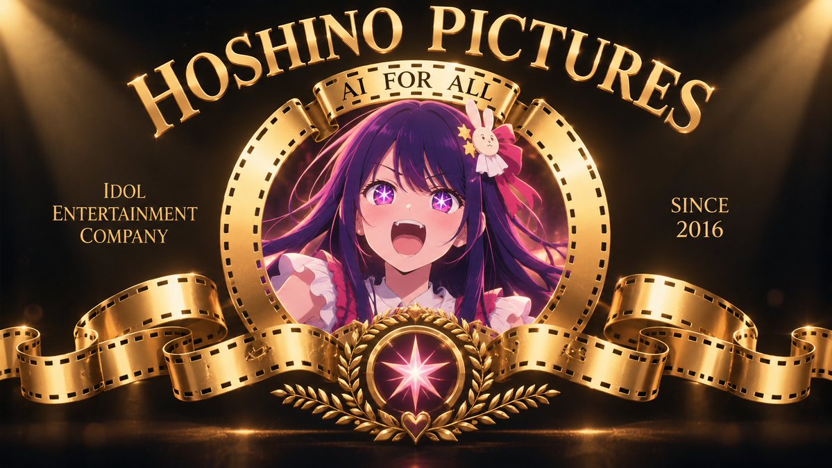 xt9vdi's tweet photo. 🎬 HOSHINO PICTURES ✨

映画会社のオープニングロゴ風に、アイを主役にした一枚を作ってみました！🌟

黄金に輝くフィルムの中央で、元気いっぱいの笑顔を見せるアイ💖
こんな映画会社があったら、上映前からワクワクしそうですね！🎞️

#星野アイ
#推しの子
#AIイラスト https://t.co/HtUlOAVSMO