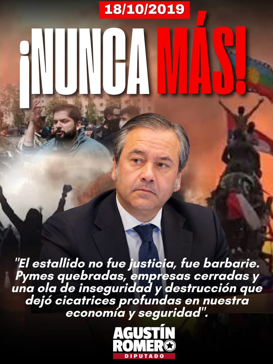 agustinromerole's tweet photo. Hoy recordamos con dolor una de las fechas más nefastas de nuestra historia. Porque Chile no puede olvidar lo que pasó el 18-O. 

Los que justificaron la violencia quieren que ignoremos el caos y la destrucción que apoyaron pero tenemos que seguir responsabilizándolos políticamente por lo que pasó. 

Es un día de vergüenza para Chile. #EstallidoDelictual